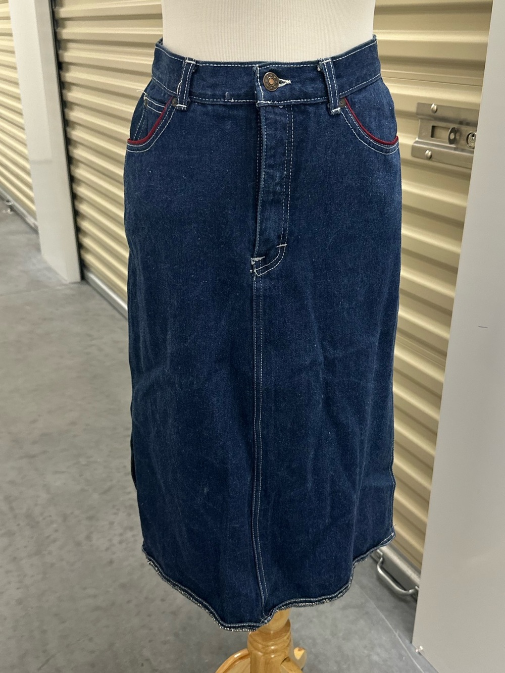 80’s Vintage Seagoing Blue Denim Midi Skirt with Red Accent- Cowboy Beach Rodeo